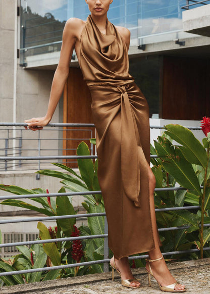 Slim Fit Brown Backless Wrinkled Side Open Silk Long Dress Sleeveless