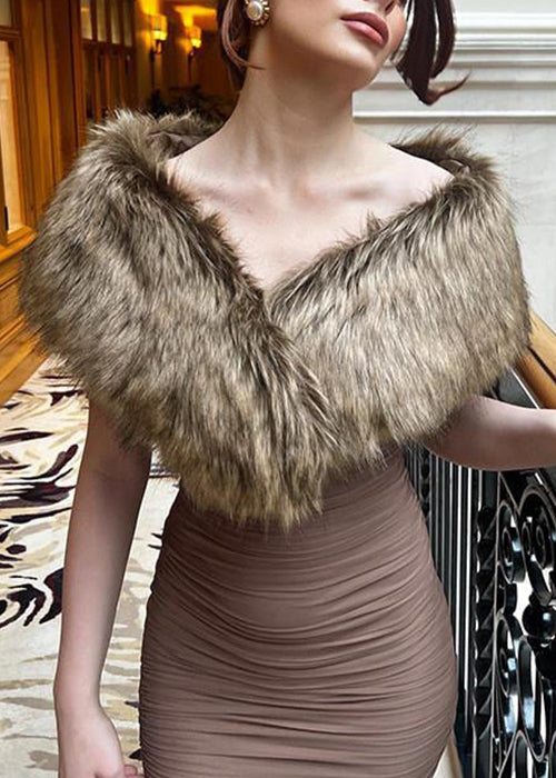 Slim Fit Brown Fur Collar Wrinkled Patchwork Cotton Long Dress Sleeveless