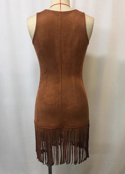 Slim Fit Brown Tasseled Button Solid Faux Suede Mini Dresses Sleeveless