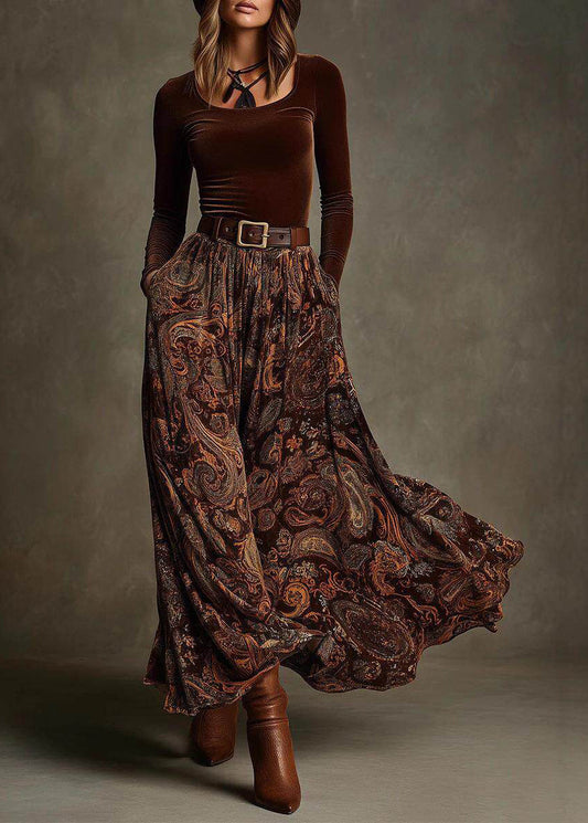 Slim Fit Caramel Silk Velour Patchwork Fake Two-Piece Maxi Dress Fall