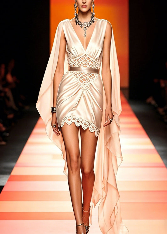 Slim Fit Champagne Color Asymmetrical Hollow Out Patchwork Silk Mid Dress Summer