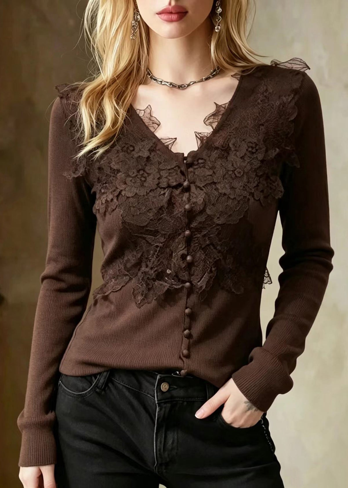 Slim Fit Chocolate V Neck Lace Patchwork Knit Sweater Fall