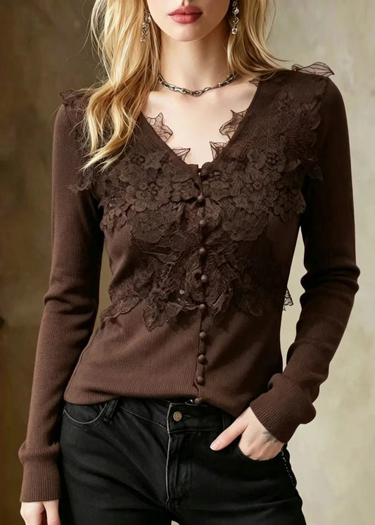 Slim Fit Chocolate V Neck Lace Patchwork Knit Sweater Fall