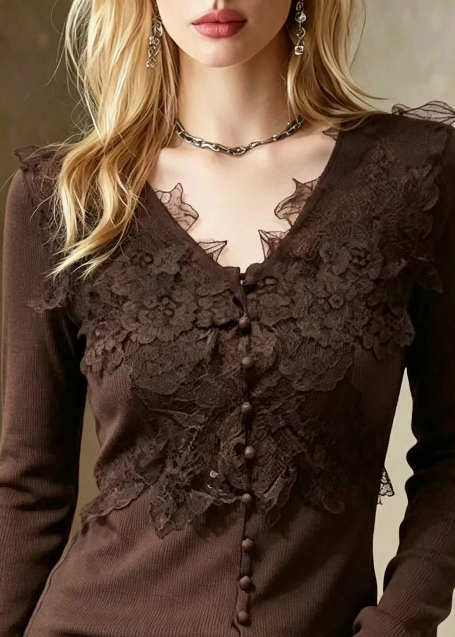 Slim Fit Chocolate V Neck Lace Patchwork Knit Sweater Fall