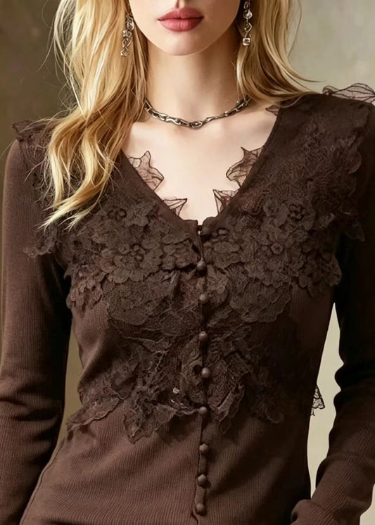 Slim Fit Chocolate V Neck Lace Patchwork Knit Sweater Fall