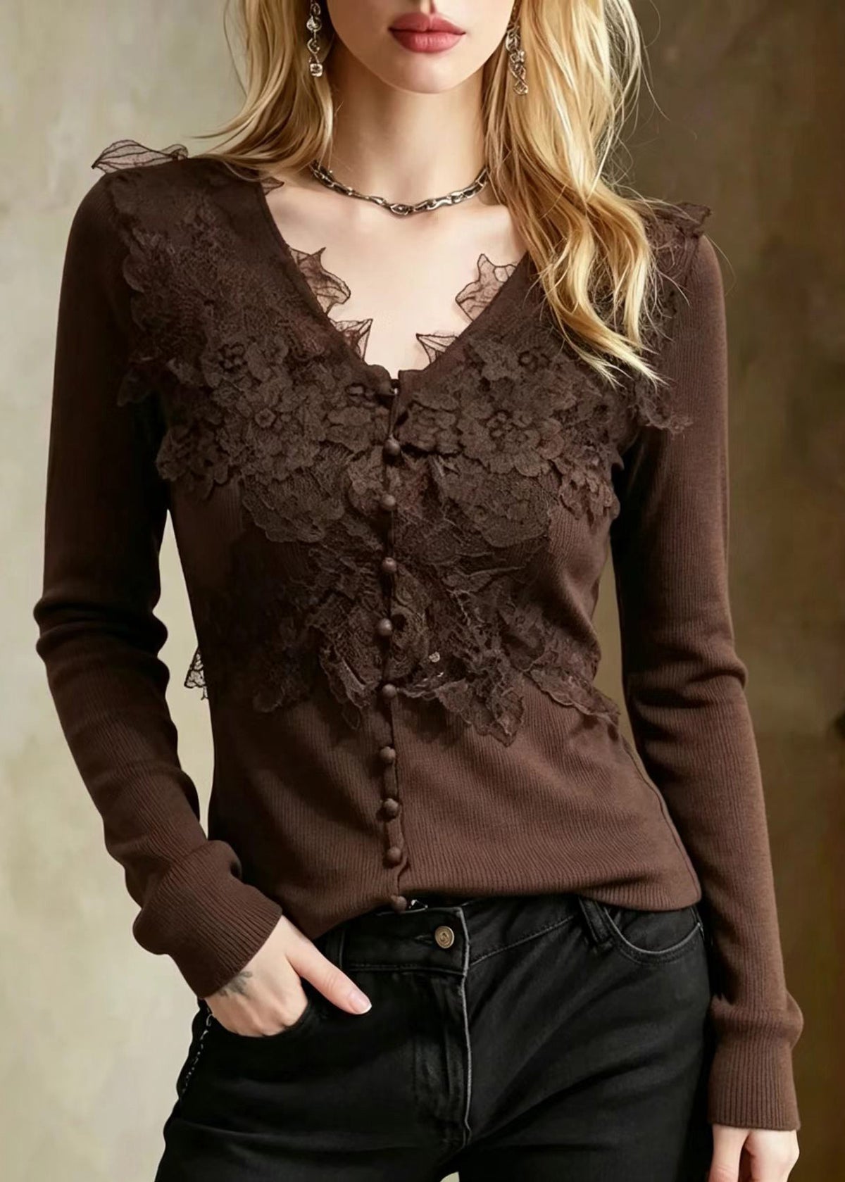 Slim Fit Chocolate V Neck Lace Patchwork Knit Sweater Fall