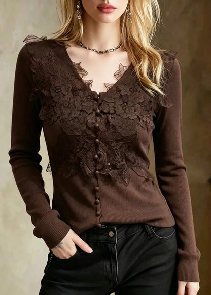 Slim Fit Chocolate V Neck Lace Patchwork Knit Sweater Fall
