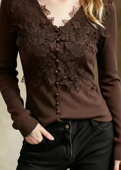 Slim Fit Chocolate V Neck Lace Patchwork Knit Sweater Fall