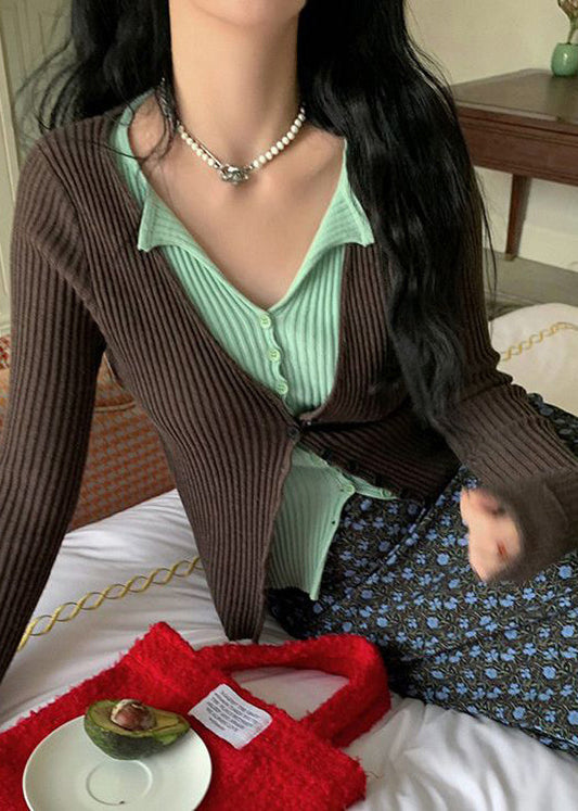 Slim Fit Coffee Button False Two Pieces Patchwork Knit Sweater Spring