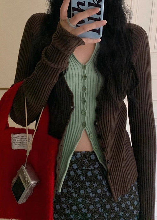 Slim Fit Coffee Button False Two Pieces Patchwork Knit Sweater Spring