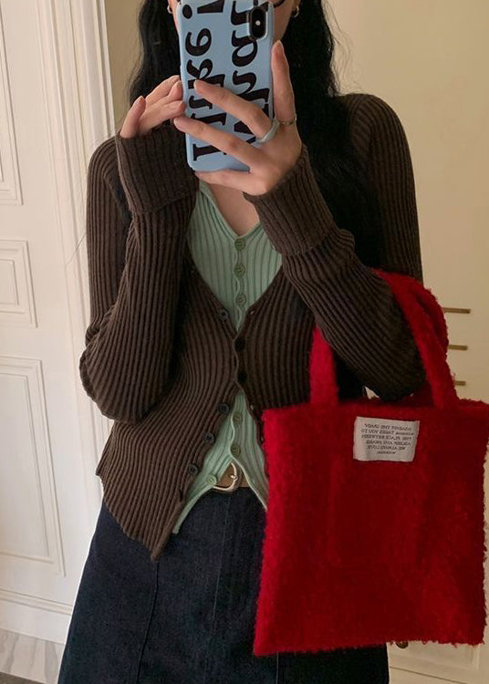 Slim Fit Coffee Button False Two Pieces Patchwork Knit Sweater Spring