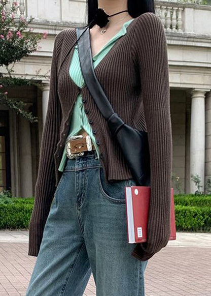 Slim Fit Coffee Button False Two Pieces Patchwork Knit Sweater Spring