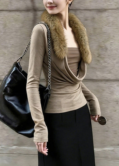 Slim Fit Coffee Fur Collar Patchwork Fake Two-Piece Top Spring