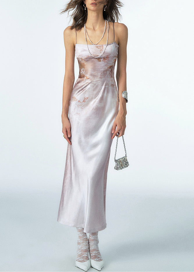 Slim Fit Coffee Print Side Open Silk Spaghetti Strap Dress Sleeveless