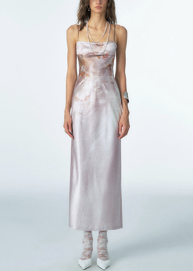 Slim Fit Coffee Print Side Open Silk Spaghetti Strap Dress Sleeveless