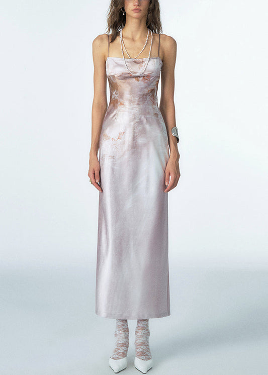 Slim Fit Coffee Print Side Open Silk Spaghetti Strap Dress Sleeveless