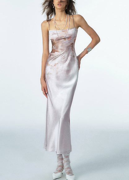 Slim Fit Coffee Print Side Open Silk Spaghetti Strap Dress Sleeveless