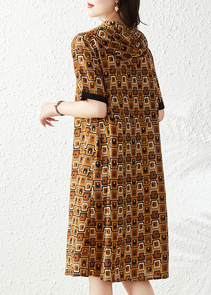 Slim Fit Coffee Print Zippered Hooded Chiffon Maxi Dress Summer