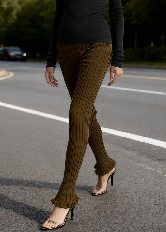 Slim Fit Coffee Ruffled Elastic Waist Knit Flared Trousers Spring