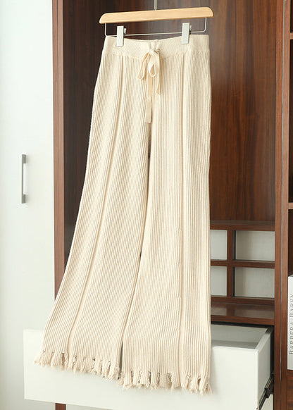 Slim Fit Coffee Tasseled Drawstring Knit Flared Trousers Spring