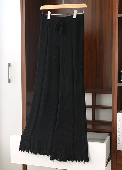 Slim Fit Coffee Tasseled Drawstring Knit Flared Trousers Spring