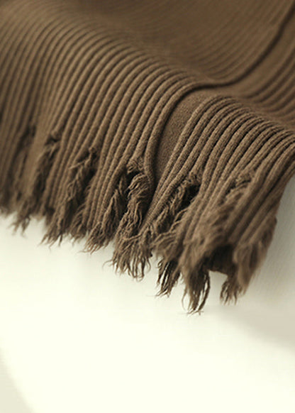 Slim Fit Coffee Tasseled Drawstring Knit Flared Trousers Spring