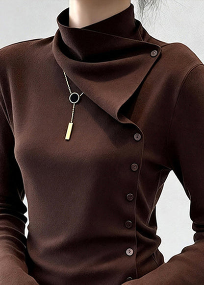Slim Fit Coffee Turtleneck Button Cotton T Shirt Winter
