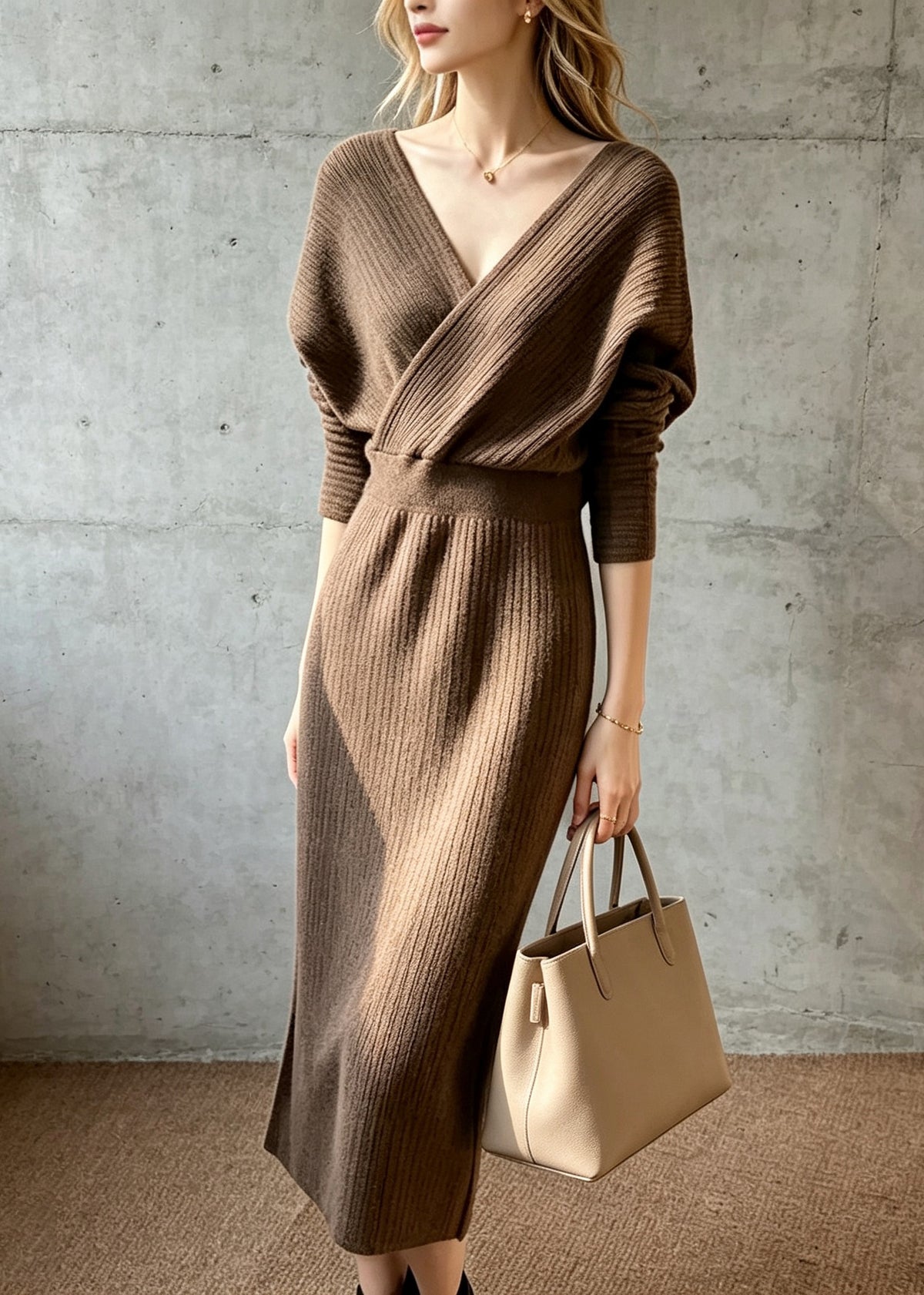 Slim Fit Coffee V Neck Knit Dress Batwing Sleeve