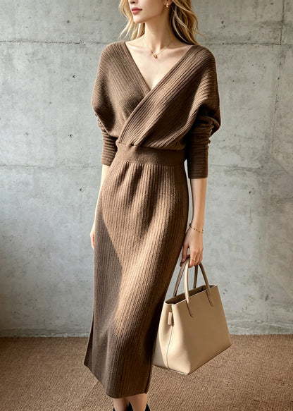 Slim Fit Coffee V Neck Knit Dress Batwing Sleeve