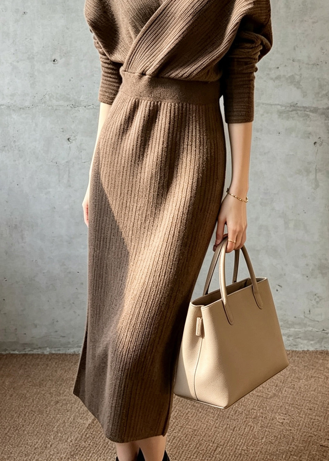 Slim Fit Coffee V Neck Knit Dress Batwing Sleeve