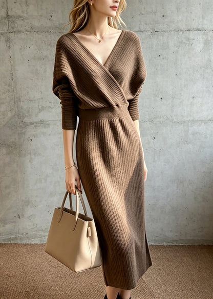Slim Fit Coffee V Neck Knit Dress Batwing Sleeve