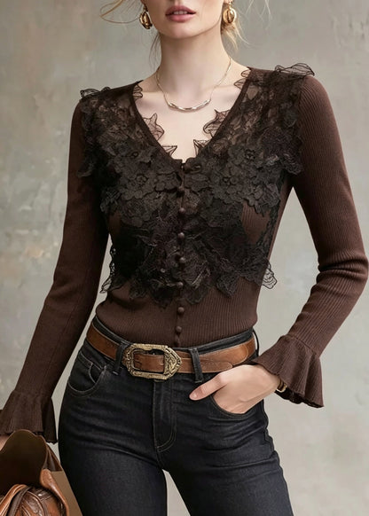 Slim Fit Coffee V Neck Lce Patchwork Cotton Knit Sweater Tops Flare Sleeve