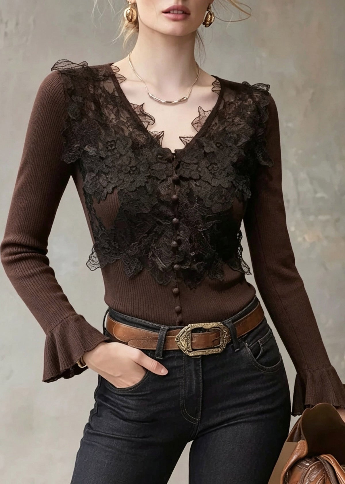 Slim Fit Coffee V Neck Lce Patchwork Cotton Knit Sweater Tops Flare Sleeve
