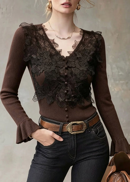 Slim Fit Coffee V Neck Lce Patchwork Cotton Knit Sweater Tops Flare Sleeve
