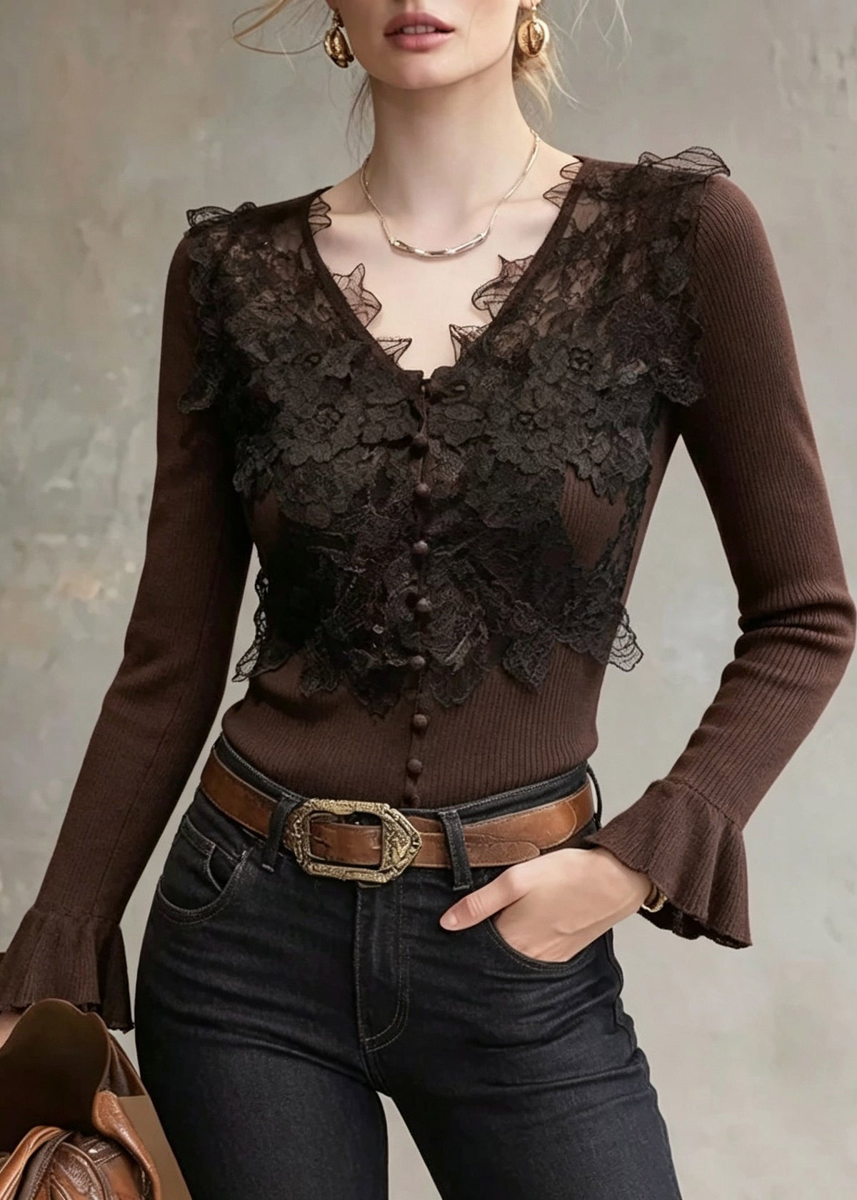 Slim Fit Coffee V Neck Lce Patchwork Cotton Knit Sweater Tops Flare Sleeve