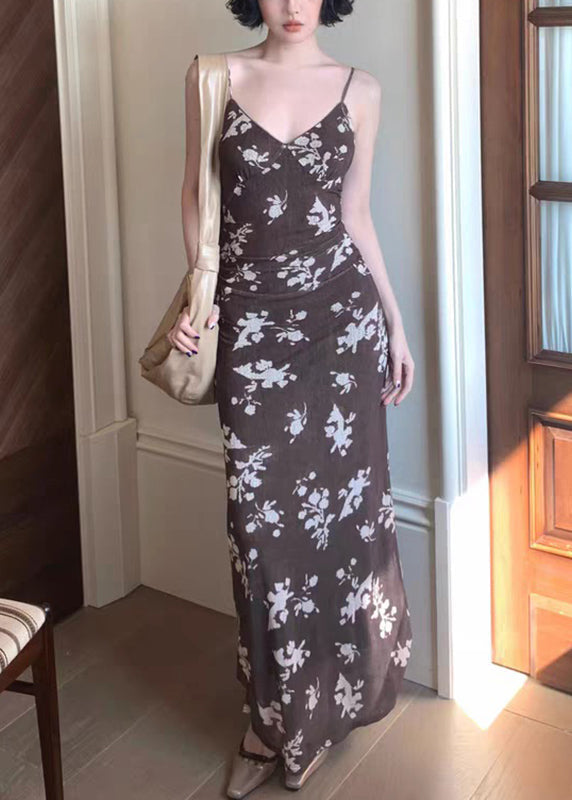 Slim Fit Coffee V Neck Print Long Spaghetti Strap Dress Sleeveless