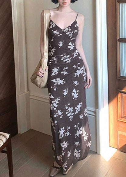 Slim Fit Coffee V Neck Print Long Spaghetti Strap Dress Sleeveless