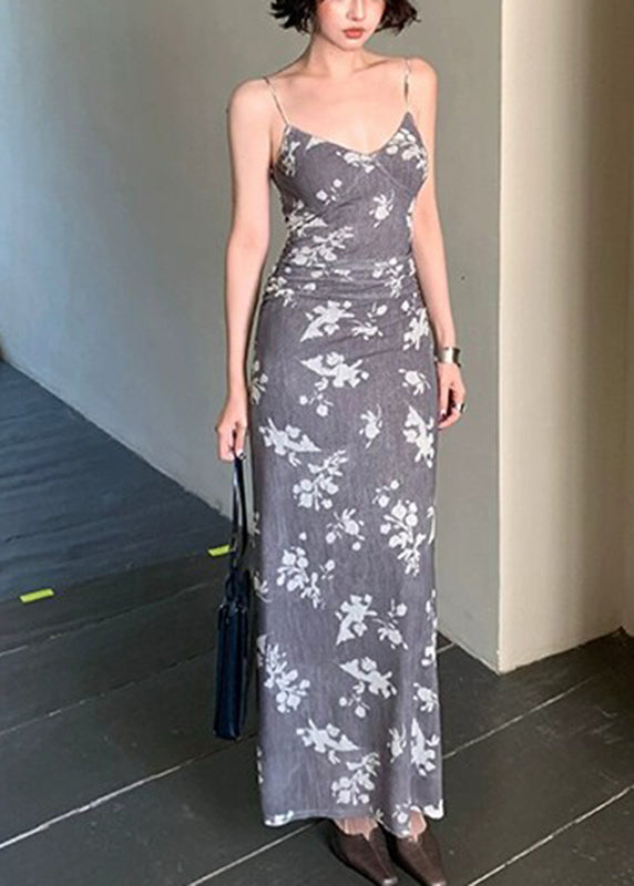 Slim Fit Coffee V Neck Print Long Spaghetti Strap Dress Sleeveless