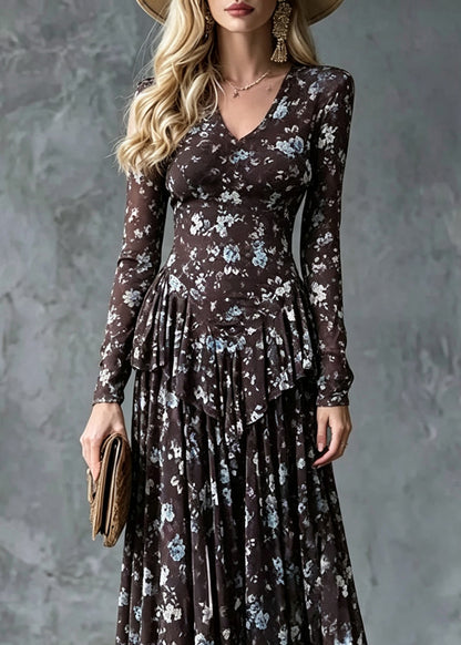 Slim Fit Coffee V Neck Print Tie Waist Long Dress Fall