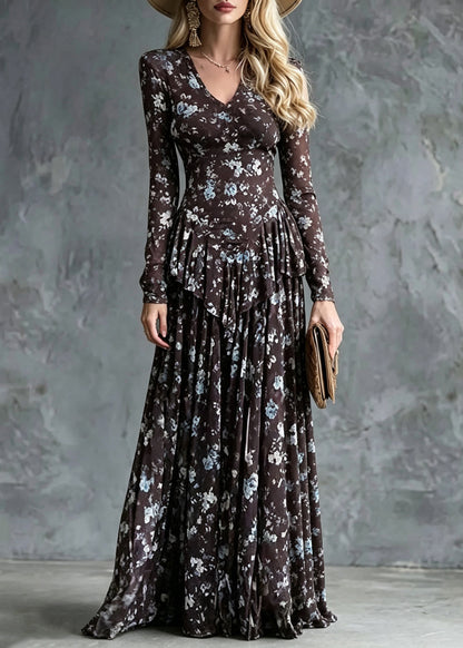 Slim Fit Coffee V Neck Print Tie Waist Long Dress Fall