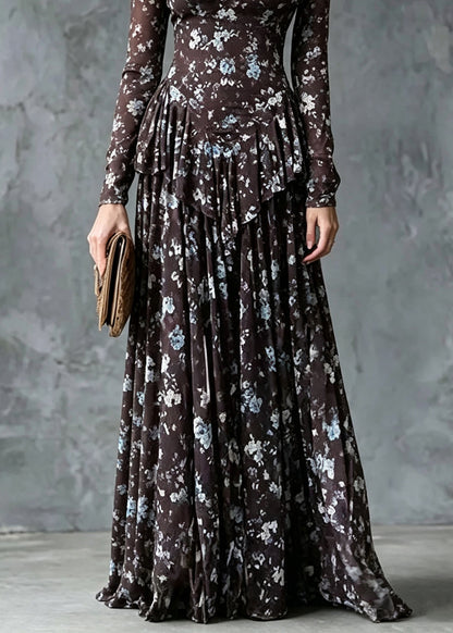 Slim Fit Coffee V Neck Print Tie Waist Long Dress Fall