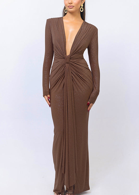 Slim Fit Coffee V Neck Wrinkled Party Dress Spring