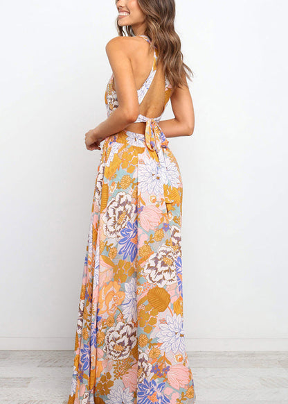 Slim Fit Colorblock Print Backless Tunic Maxi Dresses Sleeveless