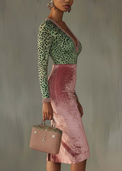 Slim Fit Colorblock V Neck Velour Dresses Spring