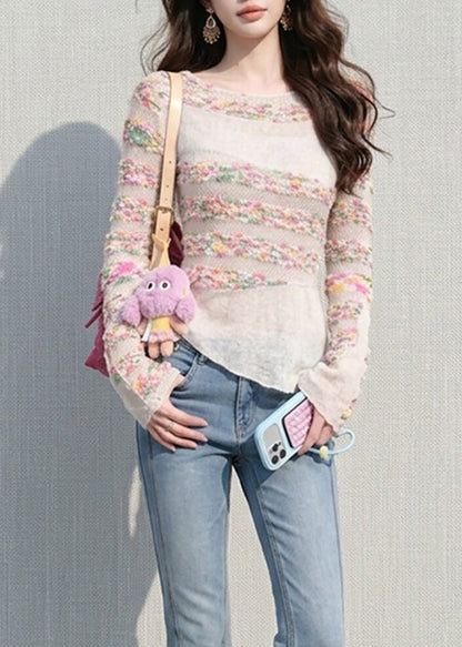 Slim Fit Colorful Striped Asymmetrical Hollow Out Knit Top Fall