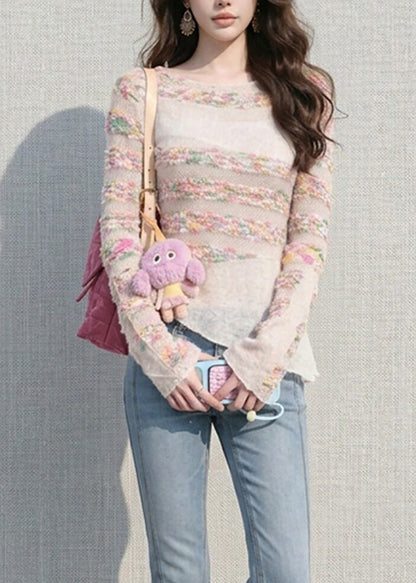 Slim Fit Colorful Striped Asymmetrical Hollow Out Knit Top Fall