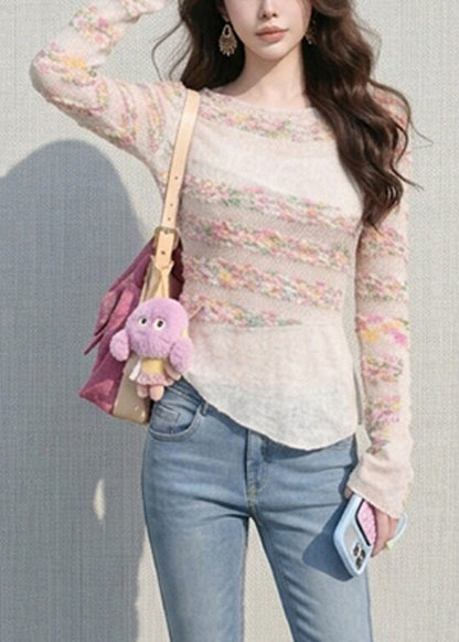 Slim Fit Colorful Striped Asymmetrical Hollow Out Knit Top Fall
