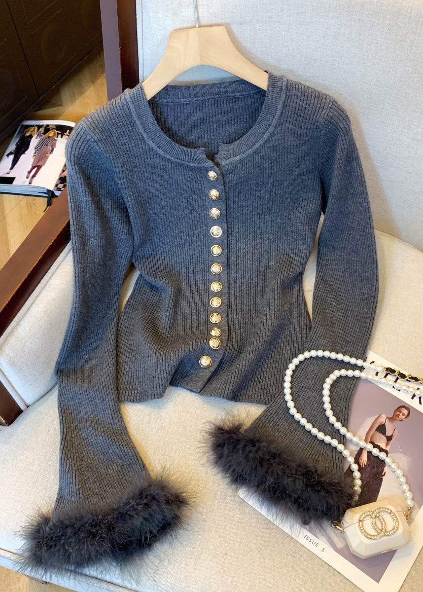 Slim Fit Dark Gray Fluffy Solid Patchwork Knit Sweater Flare Sleeve