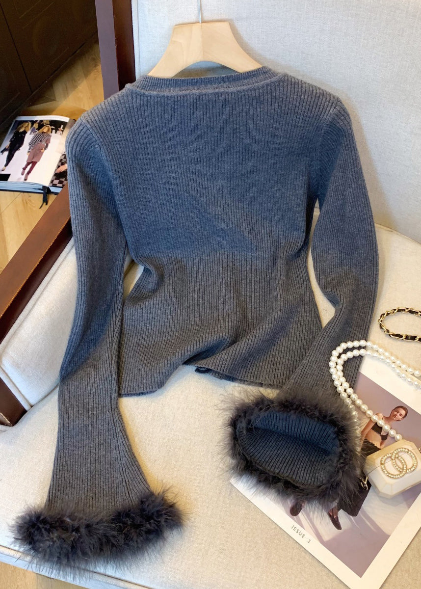 Slim Fit Dark Gray Fluffy Solid Patchwork Knit Sweater Flare Sleeve