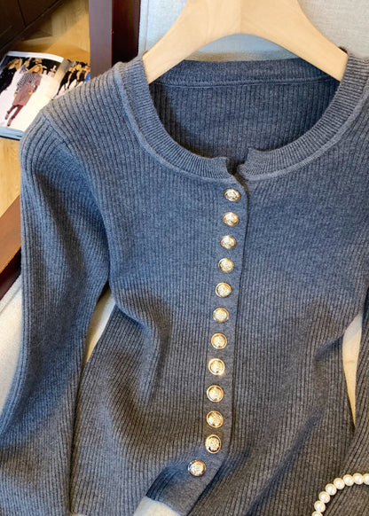 Slim Fit Dark Gray Fluffy Solid Patchwork Knit Sweater Flare Sleeve